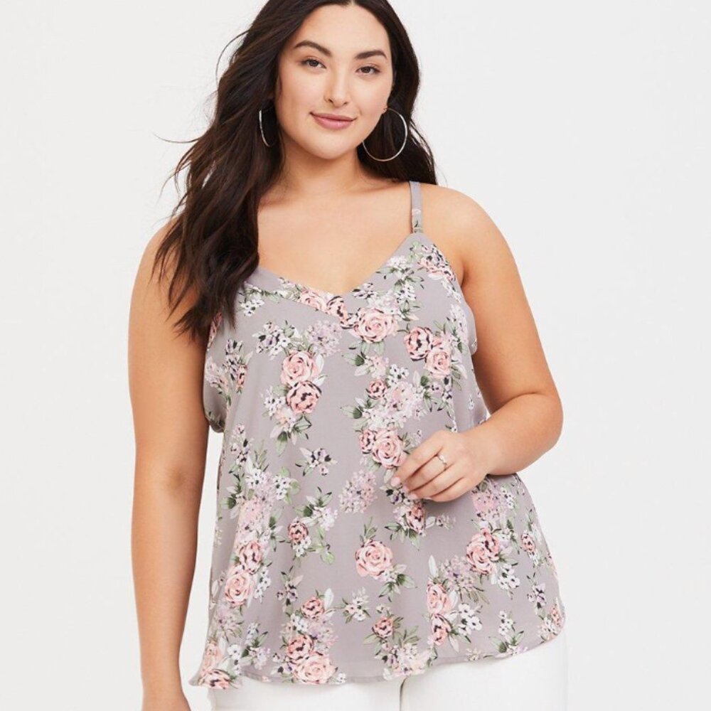 Torrid Sophie Georgette Tie Back Swing Cami-Gray Floral